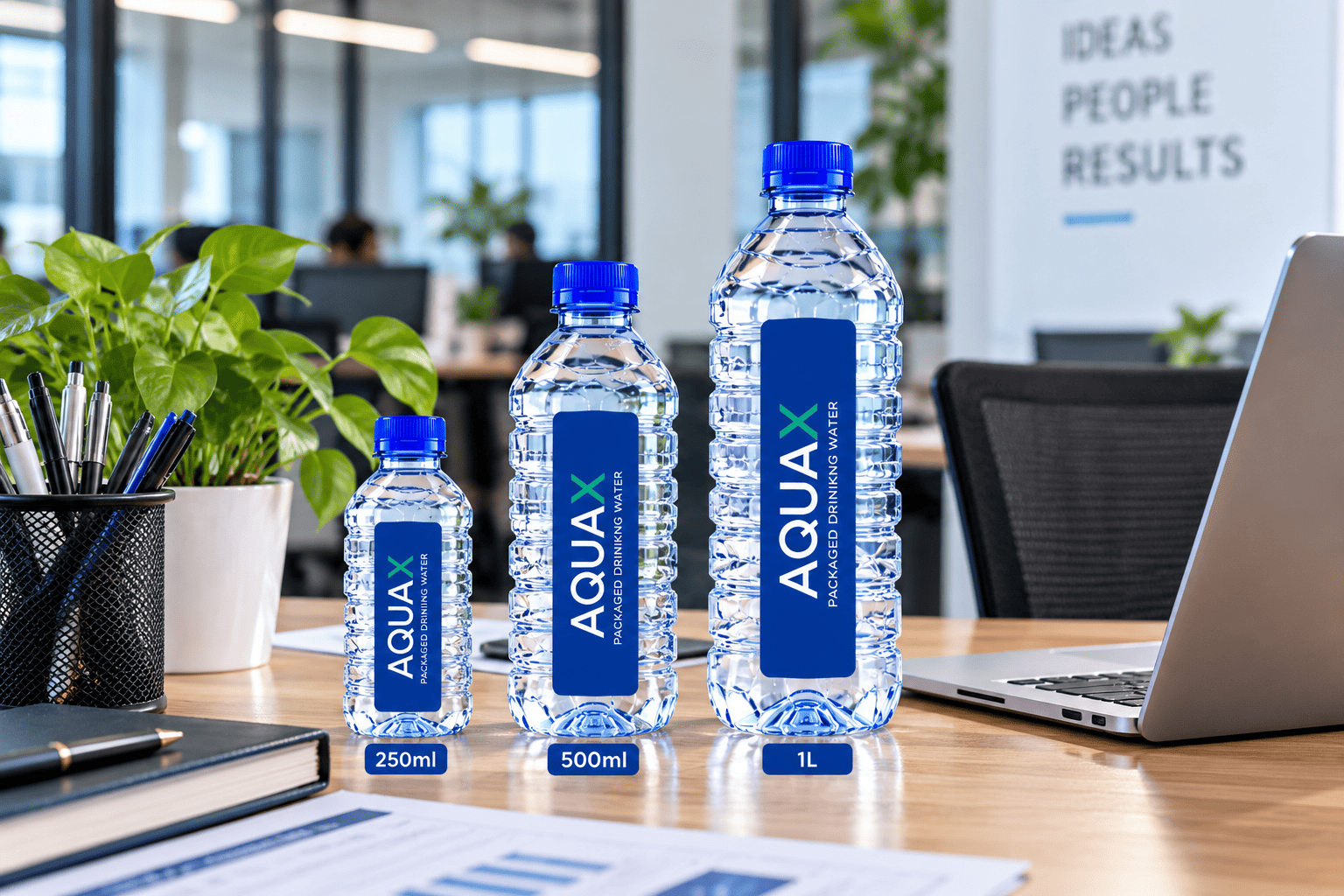 AQUAX water bottles on a modern office desk